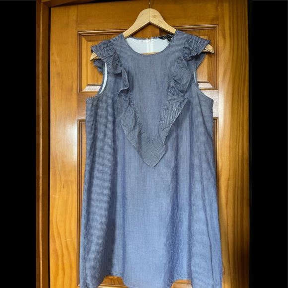 Express Blue/White Pinstripe Ruffle Shift Dress M - Picture 2 of 8